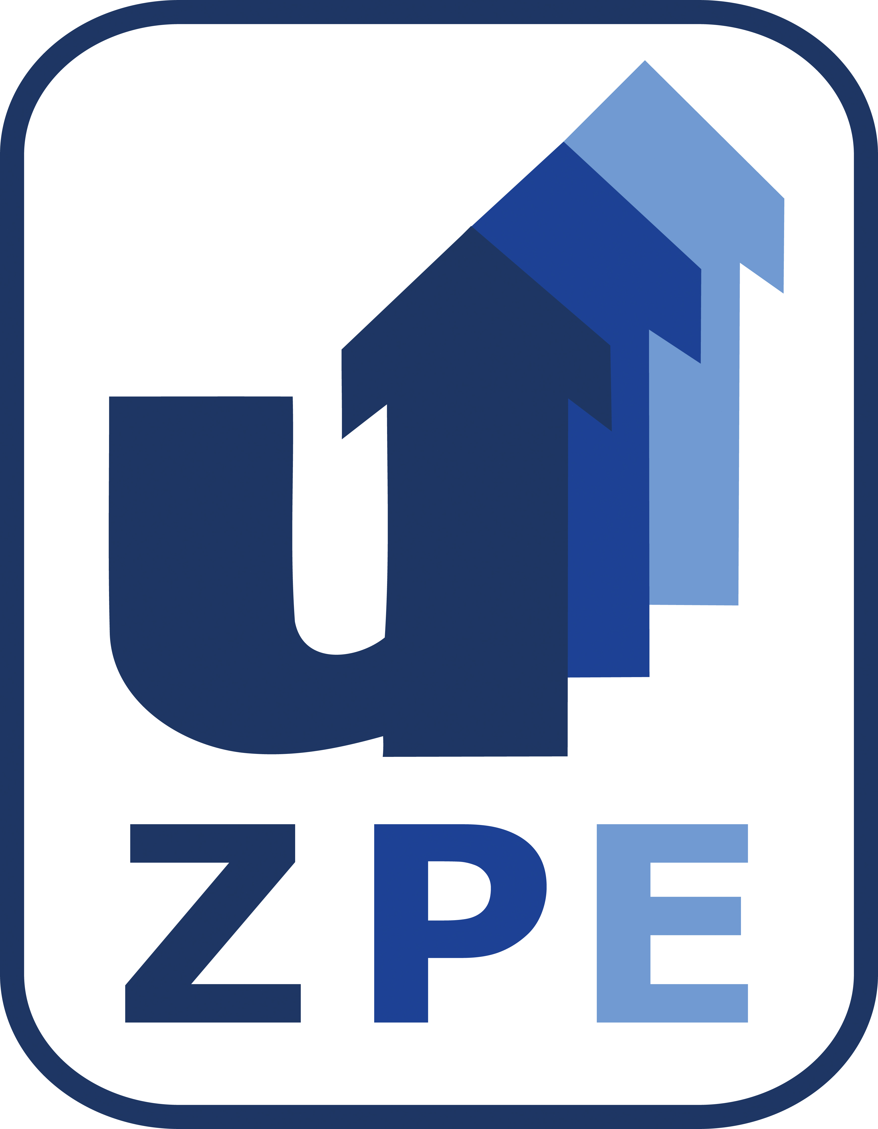 ZPE logo has blue capital letter, surrounded by a curved rectangle and a U shape above the word that turns into arrows