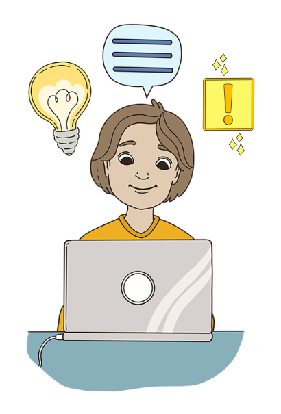 The person is on the computer, and above their head is an image of a lightbulb, a speech bubble, and an exclamation mark.